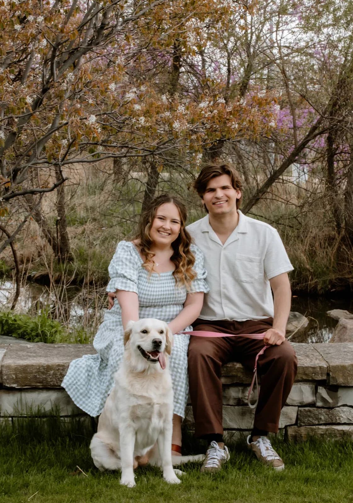 Gavin and Ally sitting on a stone wall under blossoming trees with their golden retriever